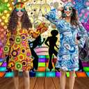 70s Hippie Dress Costumes Necklace Earrings Sunglass Women Disco Outfit, 60s Party Costume, Halloween Retro Dresses (Blue, L)