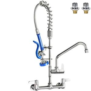 Akwadu Commercial Faucet with Sprayer 25" Height 8" Adjustable Center 10" Swing Spout,Brass Constructed Wall Mount Kitchen Sink Faucet with Pull Down Pre-Rinse Sprayer for 1/2/3 Compartment Sink