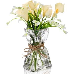 Covzoe Glass Vase, 8.7 Inch Tall Irregular Shaped Flower Vase with Hemp Rope, Clear Art Decorative Vases, Modern Home Bouquet Vases for Wedding, Living Room, Dining Table, Office