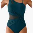 One Shoulder One Piece Swimsuit for Women Mesh Tummy Control Bathing Suit Twist Swimwear with Removable Strap Medium