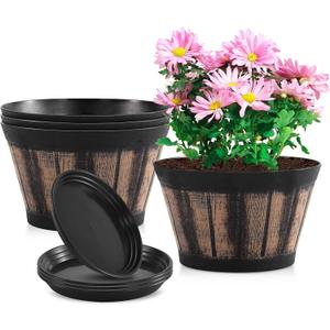 Quarut 8 inch Brown Plastic Whiskey Barrel Plant Pots Set of 4 with Drainage Holes and Saucer for Indoor and Outdoor Garden Home Plants