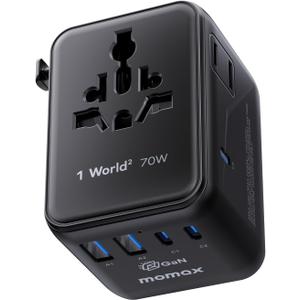 MOMAX Mini 7-in-1 Universal Travel Adapter, GaN 70W Dual AC, 3 USB-C & 2 USB-A, Travel Essentials for 200+ Countries International Charger for Laptop, Phone, US/EU/UK/AU Plug
