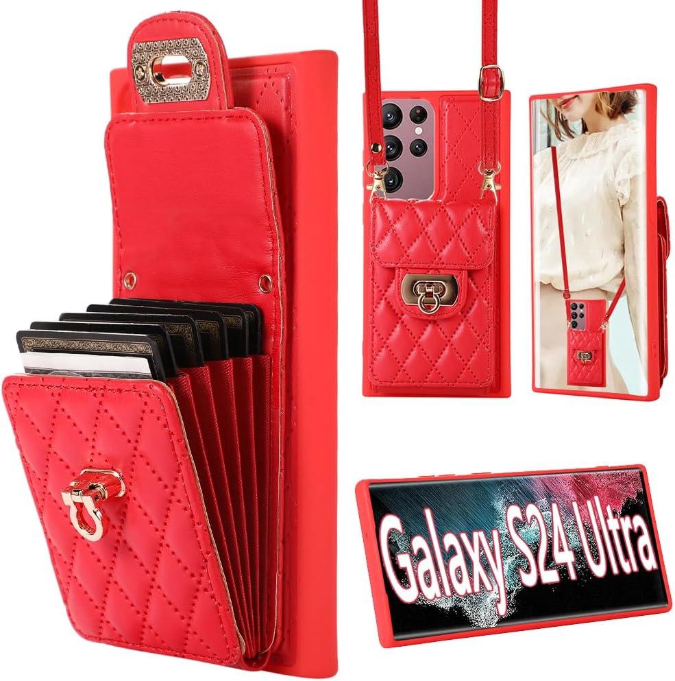 Crossbody Wallet Case for Samsung Galaxy S24 Ultra, Leather Phone Cover with Card Holder Kickstand Long Shoulder Strap Purse Shockproof Flip Case Compatible with Galaxy S24 Ultra (Red)