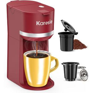 Single Serve Coffee Maker for K-Cup and Ground Coffee, Fast Brew, 6-12 oz Brew Sizes One Cup Coffee Machine Fits 5.5" Mugs, One-Button Small Coffee Maker with Descaling Reminder, Red (9.45 Inches)