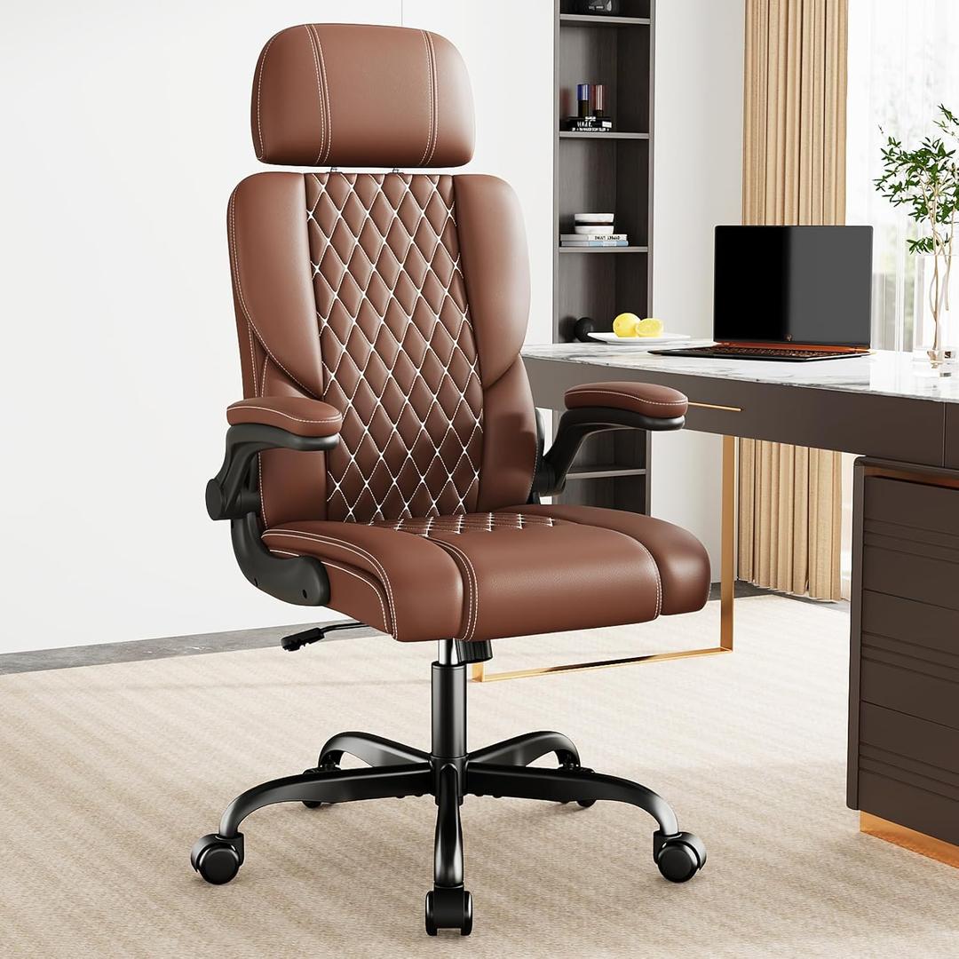 Sytas Executive Leather Office Chair, Comfy Desk Chair with Adjustable Headrest & Flip-up Padded Arms & Lumbar Support, Adjustable Hight and Tilt, Rolling Swivel, Brown