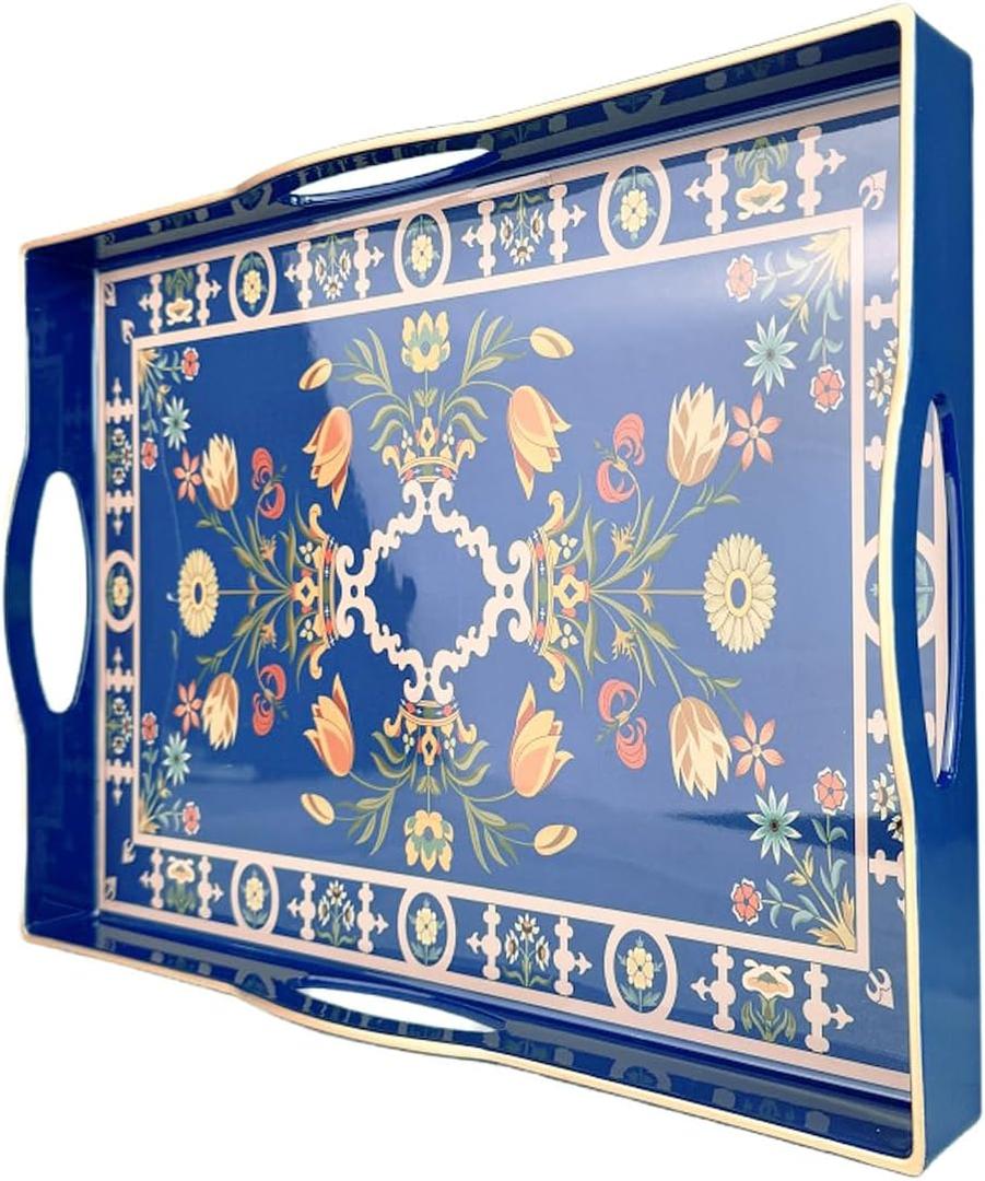Boho Blue Decorative Tray, Serving Tray with 4 Handles, Plastic Tray for Coffee Table, Ottoman - Ideal for Living Room & Bathroom. 15 x 11 x 1.9