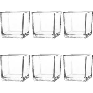Set of 6 Square Glass Vases 4" x 4" x 4", Clear Flower Vase, Plant Terrarium, Candle Holder for Wedding Centerpiece, Office Decorations, Home Dcor, Parties and Events