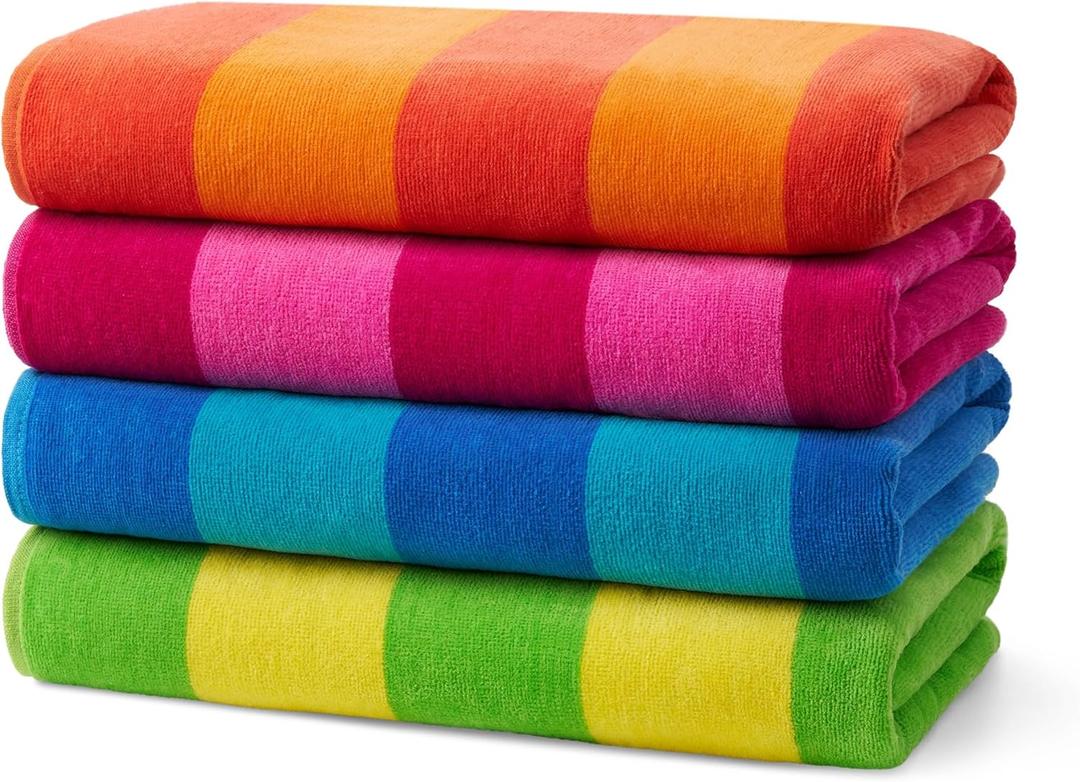 Kaufman - Soft Oversized Beach Towels in Bulk | 29" x 58" Velour Striped Towel | Absorbent, Quick-Drying | 100% Cotton Thick Towels (4 Pack)