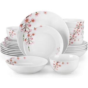 VEWEET Dinnerware Sets for 6, 24 Pieces Porcelain Plates and Bowls Set with Pink Floral, Classic Dishes Set Dining Ware for Dinner, Microwave Dishwasher Safe, Series ANNIE