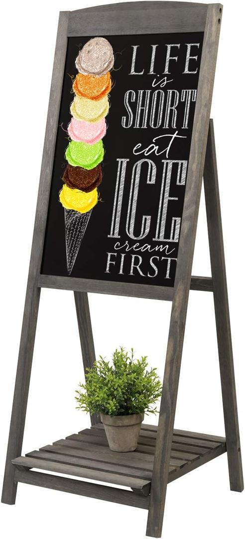 MyGift Vintage Gray Wood A-Frame Chalkboard Easel, 45" Freestanding Decorative Chalkboard Sign with Plant Shelf Stand