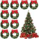 Ciieeo 10Pcs Mini Christmas Wreath Ornaments 2.55 Inch Miniature Xmas Tree Hanging Wreaths with Bow Bell and Merry Christmas Sign for Holiday Decor and Dollhouse Crafts (6.5X6.5X1CM)