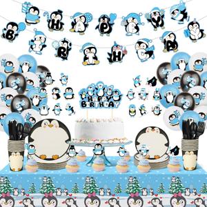 Yaomiao 133 Pcs Penguin Party Decorations Include Happy Penguin Birthday Banner Balloons Cake Topper Tablecloth Paper Plates Cups Cutlery for Baby Shower Party Supplies(Cool)
