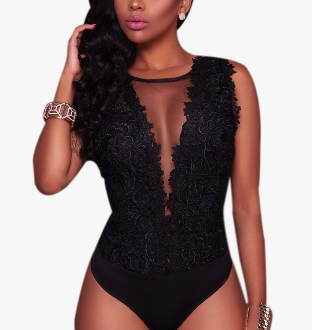 RARITYUS Women Sexy Lace Bodysuit Jumpsuit See Through Mesh Sleeveless/Long Sleeve Tops Swimsuit for Party Outfit, Small 