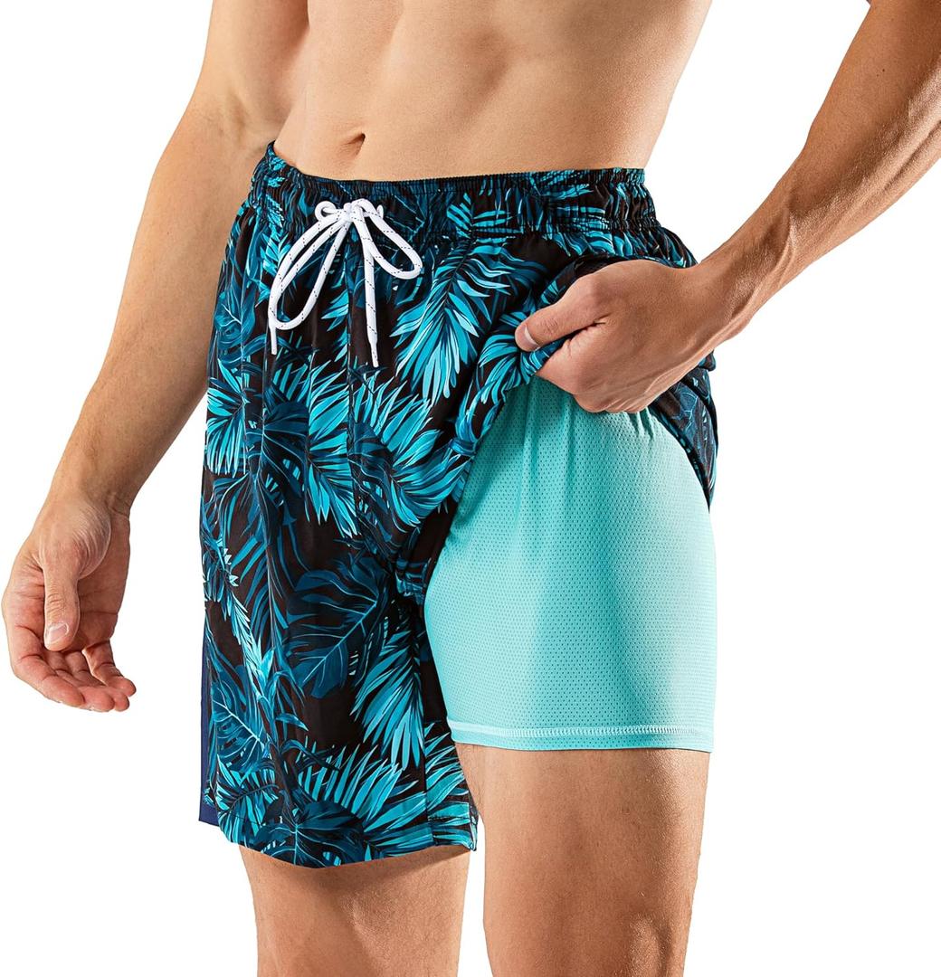 BRISIRA Mens Swim Trunks Swim Shorts 7 inch Compression Liner Bathing Suit Beach Shorts Swimwear Stretch Quick Dry Pockets, Bluetropical, XL