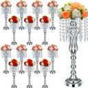 16 Pcs Wedding Centerpieces for Tables, Gold Silver Vase Centerpiece with Chandelier Crystal Metal Flower Stand, Tall Flower Vases for Wedding Party Home Decoration(Silver,21.3)