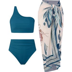 3 Piece Swimsuits for Women High Waisted Bikini Sets Retro Swimsuit with Cover up Beach Wrap Skirt M