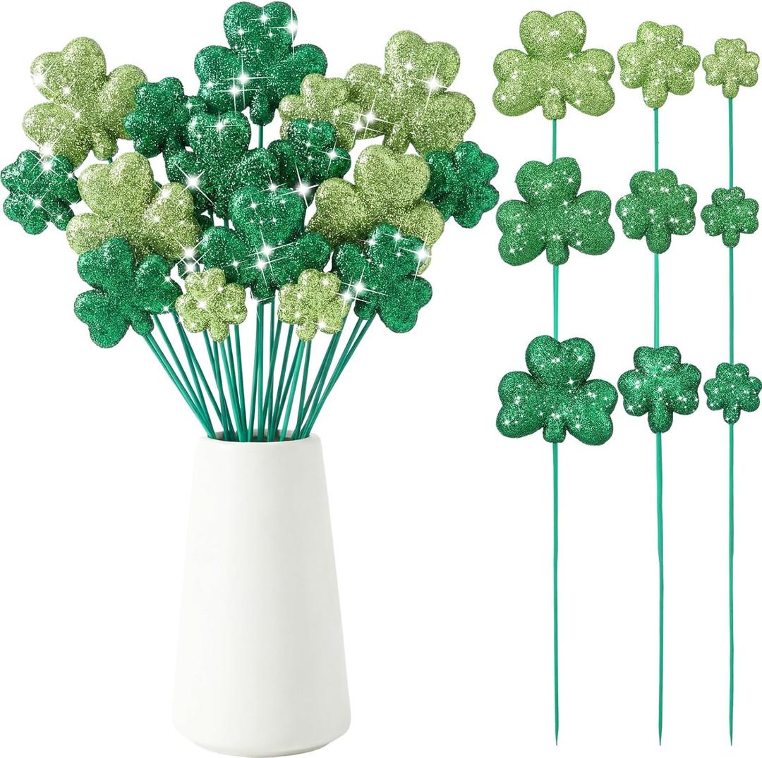 Suncalla 36 Pcs St. Patrick's Day Decorations Shamrock Picks Glitter Foam St. Patrick's Day Clover Picks Tree Topper Decorative Green Shamrock for Basket DIY Crafts Wreaths 3 Green Colors