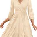 PerZeal Women's Wrap V Neck 3/4 Sleeve Wedding Guest Dress Elastic Waist Tiered Belted Ruffle Hem Mini Dress (Beige, S)