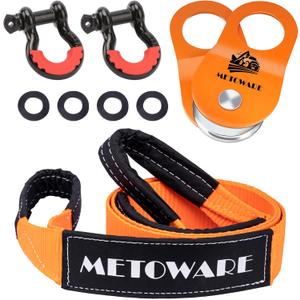 METOWARE Offroad Recovery Kit - 10 Ton Heavy Duty Winch Snatch Block Pulley, 3" x8' Tree Saver Strap and 2pk 3/4" D Ring Shackles (Snatch Block+ 8ft Tree Saver + D Ring Shackles)