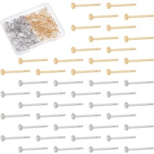UNICRAFTALE 200Pcs 2 Colors 18K Gold Plated Earring Posts Flat Pad Earring Studs Stainless Steel Stud Earring Findings Flat Round Blank Earring Pads for DIY Earring Making 2mm