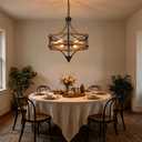 6-Light Large Rustic Farmhouse Wood Pendant Light Fixture with Adjustable Chain, 20 inch Oak Wood and Metal Chandelier for Dining Room Kitchen Island Living Room Entry Farmhouse, Black
