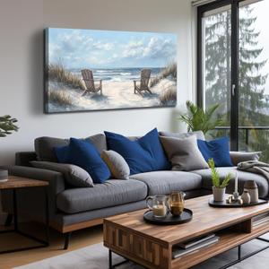 Coastal Wall Art Light Blue Canvas Landscape Art Print Beach Wall Decor Large Seascape Picture 24" x 48" Artwork for Living Room Bedroom Office
