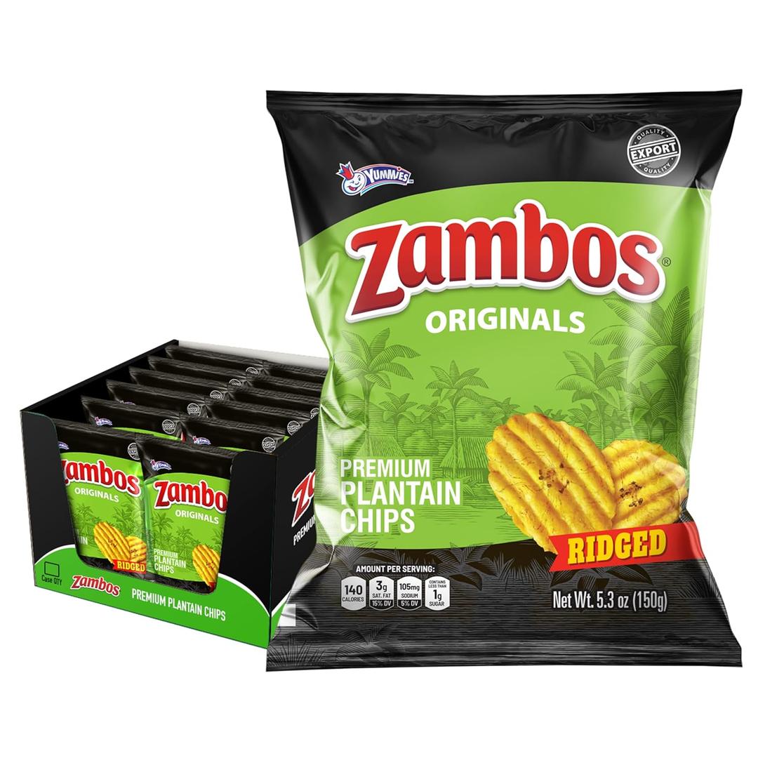 Zambos Original Premium Plantain Chips, 5.3 oz  Crunchy, Ridged Snack, Gluten Free (Pack of 12)