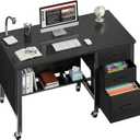 Rolling Teacher Desk with File Drawer & Privacy Panel, 47" Mobile Computer Desk with 3 Storage Drawers on Wheels, Modern Office Desks with File Cabinet for Classroom & Home Office, Black, 46.6"