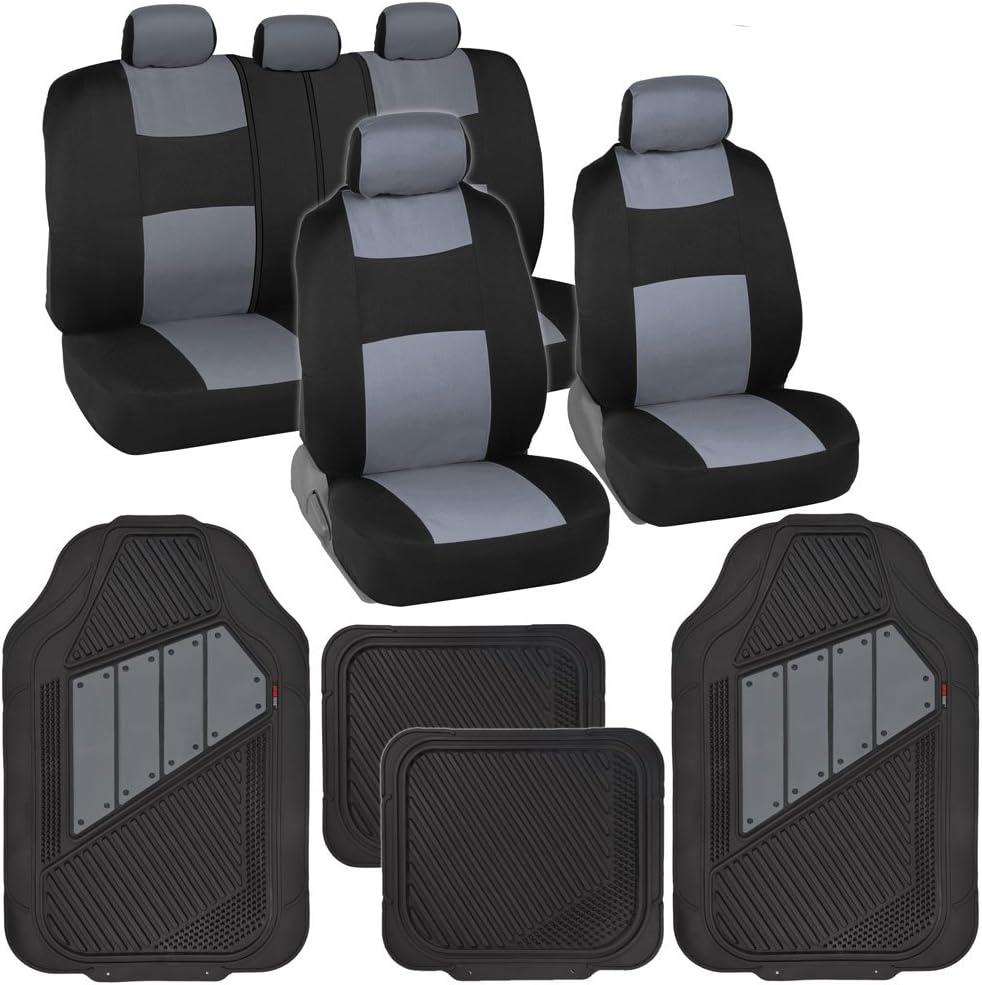 BDK PolyPro Black & Grey Car Seat Covers Full Set with Motor-Trend FlexTough All Weather Rubber Car Floor Mats - Front & Rear Split Bench Seat Covers for Cars & Matching Floor Mats for Car Interior