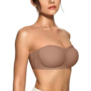 OEAK Womens Strapless Bras Jelly Push Up Bandeau Bra Non Slip Wireless Supportive Padded Bras Seamless Comfortable Tube Bra (Large, Coffee)
