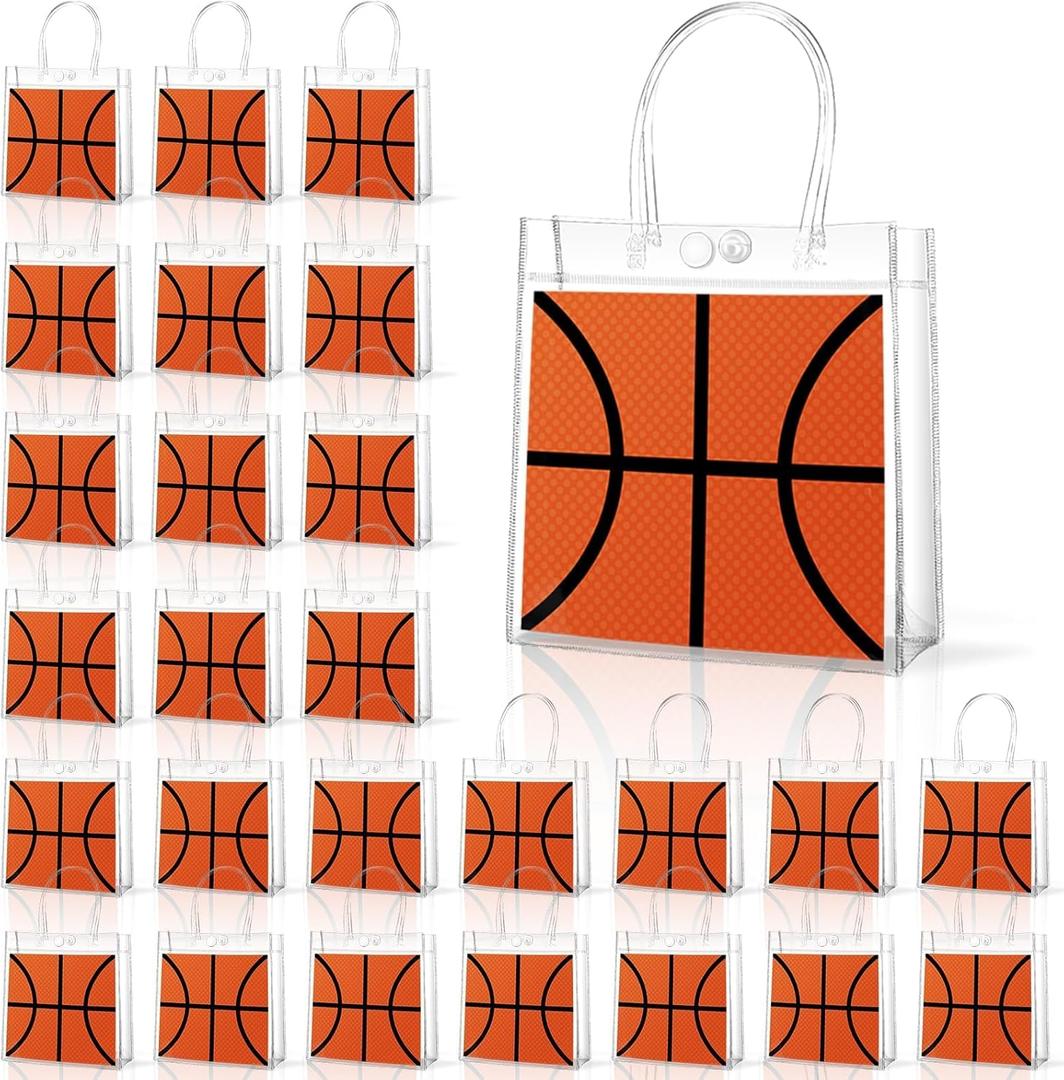 36PCS Basketball Clear Gift Goodie Bags with Handles Bulk Basketball Team Party Favor Snack Candy Treat PVC Bags Sports Present Wrap Tote Bag for Boys Birthday Baby Shower Decor Supplies 8 x 8 x 3In