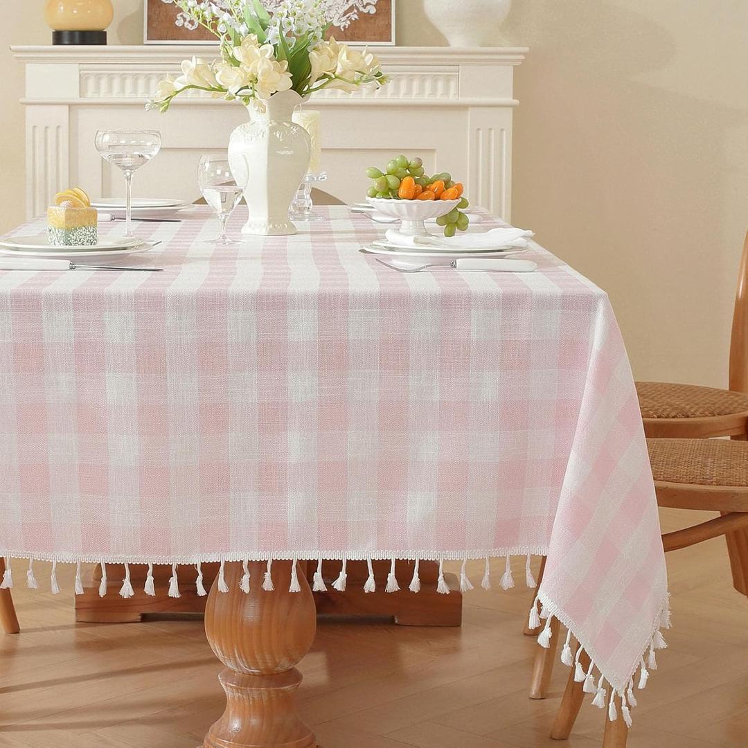Gingham Tablecloth Rectangular, Tassels Checkered Table Cloth Washable Cotton Linen Plaid Table Cover for Spring Summer Kitchen Dining Party,Pink and White,55x120
