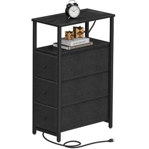 TUTOTAK Narrow Night Stand with Charging Station, Slim End Table with Plugins, Tall Side Table with 3 Fabric Drawer, Small Bedside Table with Storage, Living Room, Bedroom, Black TB01BK086