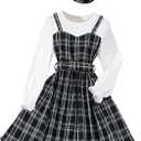 Hilinker Girls Plaid Ruffle Long Sleeve Dress Ribbed Belted Pleated Dresses with Hat, 11-12Y
