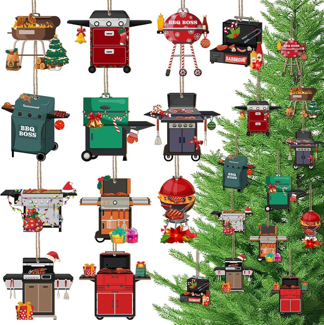 Thyle 36 Pcs Grill Ornaments BBQ Ornaments for Christmas Tree Wooden Tool Christmas Decorations Decorative Hanging Cooking Decorations for Xmas Tree Men Birthday Party Decor