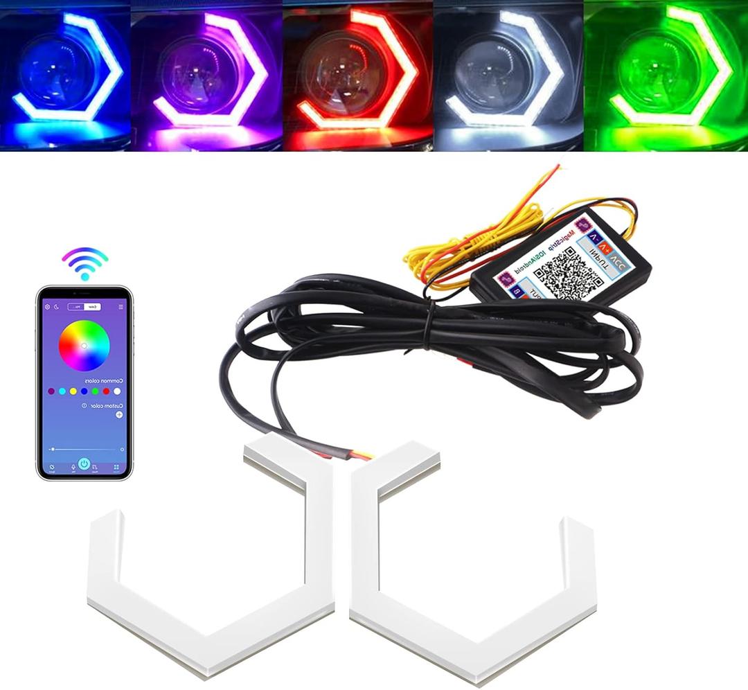 Qasim Hexagon Angel Eyes RGB APP Control Retrofit Car Motorcycle Light Accessories Driving Day Signal Light Decoration White DRL Streamer Amber Turn Signal Light 12V 24V 90MM, 2 Pack