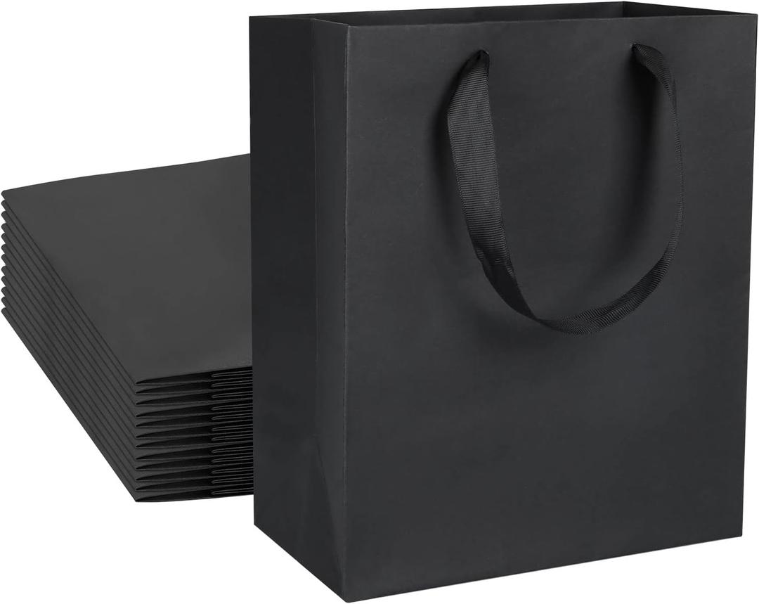 24 Medium Size Kraft Gift Bags - 8x4.75x10 Inches, Black Paper Shopping Bags with Ribbon Handles for Parties, Weddings and More