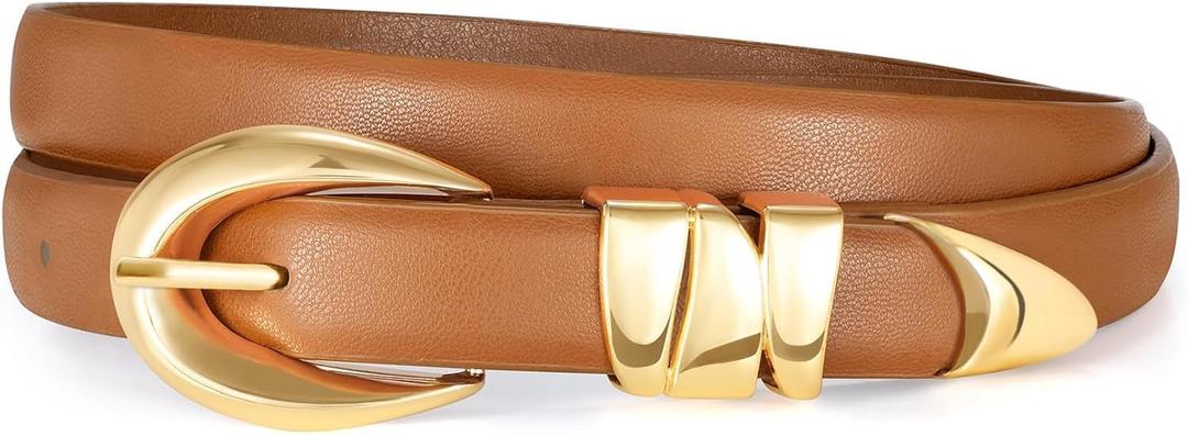 XZQTIVE Women's Skinny Leather Belts Ladies Thin Waist Belts for Jeans Dress Pants Trendy Black Belt with Gold Buckle