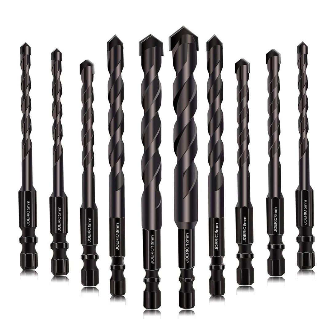 JOERIC 10PCS Black Masonry Drill Bits, Concrete Drill Bit Ceramic Tile Drill Bit Set Tungsten Carbide Tipped Ceramic Tile Drill Bits for Concrete Brick Glass Plastic and Wood5-12mm