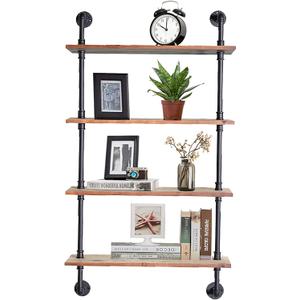Industrial Pipe Shelving, 24inch Pipe Shelves with Wood Planks, 4 Tier Floating Shelves Wall Mounted Steampunk Real Wood Book Shelves, Retro Rustic Industrial Shelf for Bar Kitchen Living Room