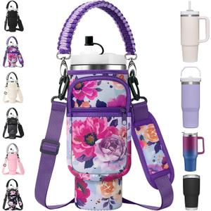 AceTreker Water Bottle Carrier Bag with Paracord Handle for Stanley 40/30 oz Tumbler Neoprene Insulated Mug Sleeve Pouch with 2 Pockets & Adjustable Strap & Straw Cover for Stanley Cup Accessories