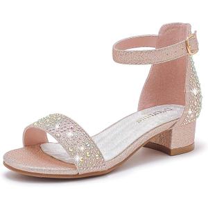Dufannie Girls Sandals Low Heels Dress Pump Ankle Strap Open Toe Flower Girl Wedding Party for Toddler Little Big Kid (Single Rhinestone Rosegold, 12)