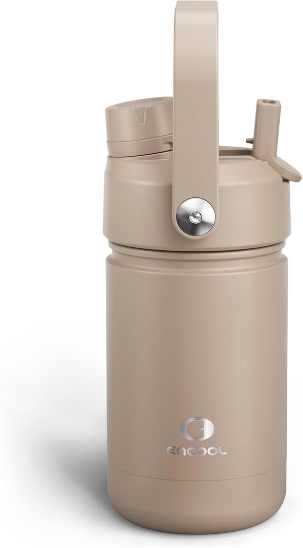 Kids Insulated Water Bottle with Straw - 12oz Stainless Steel Water Bottle with Dual Spouts, Leak-Proof, BPA-Free, Double Wall Vacuum Keeps Cold for 24 Hours for Sports, Travel, School (Raw Umber)