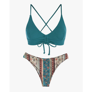 ZAFUL Women's Sexy Triangle Bikini Set Floral Print Spaghetti Strap 2 Piece Swimsuit Crisscross High Cut Bathing Suit Size Small