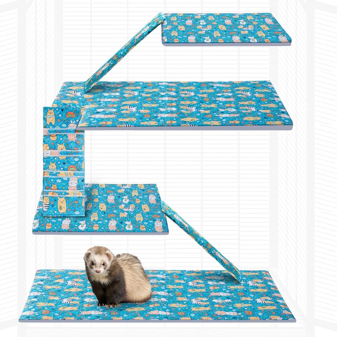 7 Pcs Ferret Cage Liner Washable Ferret Pads Bedding Cage Accessories Kit for Small Animals Hamster Rats Chinchillas Hedgehogs Guinea,Stain-Resistant Material (Double Unit Set,Cartoon Teal)