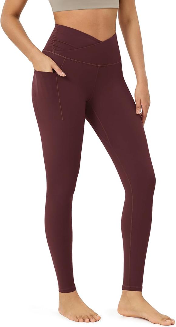 ODODOS Women's Cross Waist Full Length Yoga Leggings with Pockets, Inseam 28" Gathered Crossover Workout Yoga Pants, Burgundy, X-Small