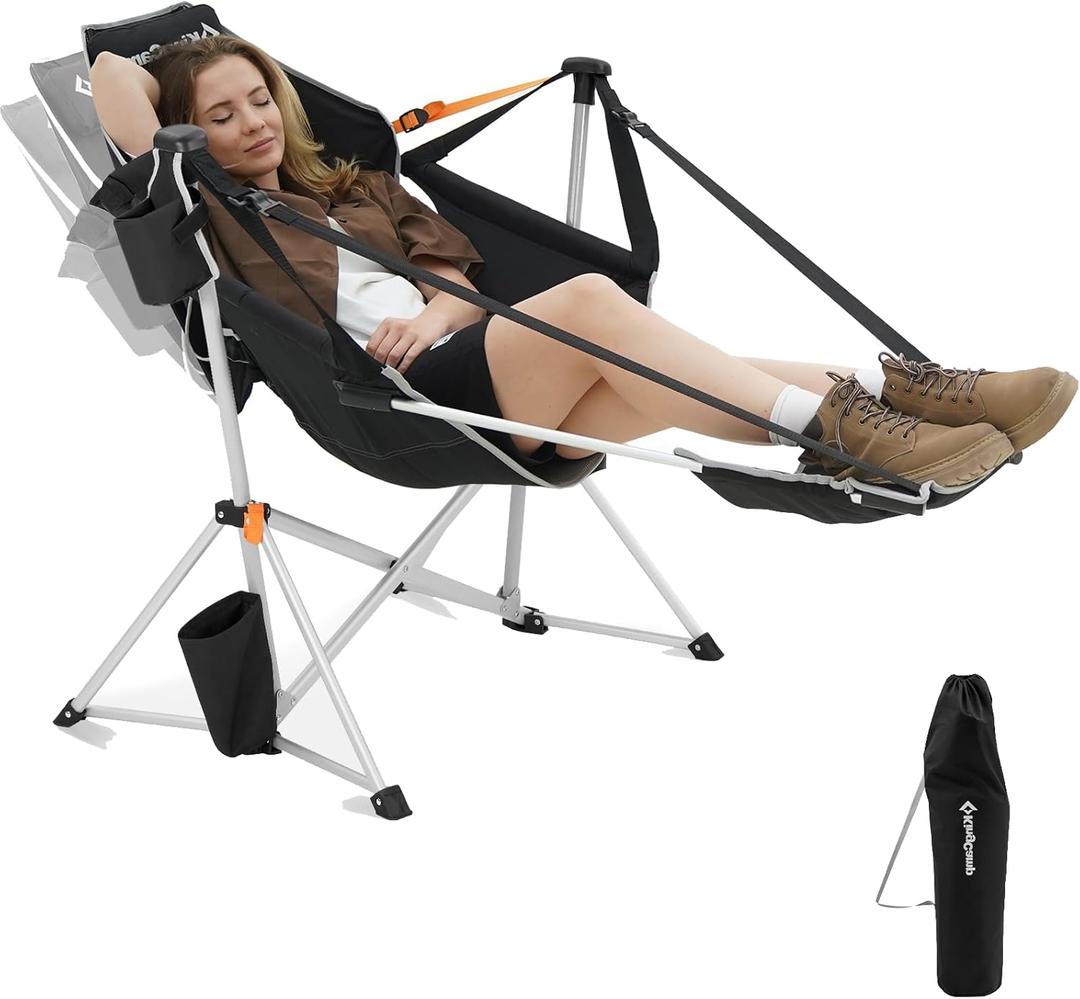 KingCamp Hammock Chair with Footrest, Swinging Portable Folding Camping Chairs for Adults 400lbs Heavy Duty Foldable Oversized Rocker with Cup Holder Pillow for Outdoor Beach Patio Sport Lawn (Footrest Deluxe Black/Grey)