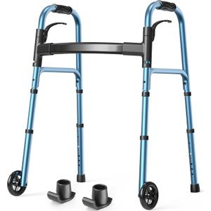 Walkers for Seniors, Folding Walker with Wheels and 2 Skis, Lightweight Rolling Walker Supports Up to 350 Pounds, Adjustable Height, Adult Compact Standard Walkers with Aluminum Frame, Blue