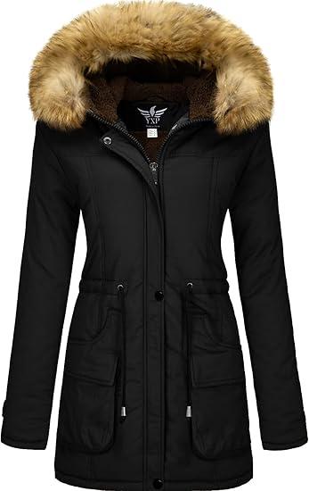 YXP Women's Winter Thicken Military Parka Jacket Warm Fleece Cotton Coat with Fur Hood (Large, Black)