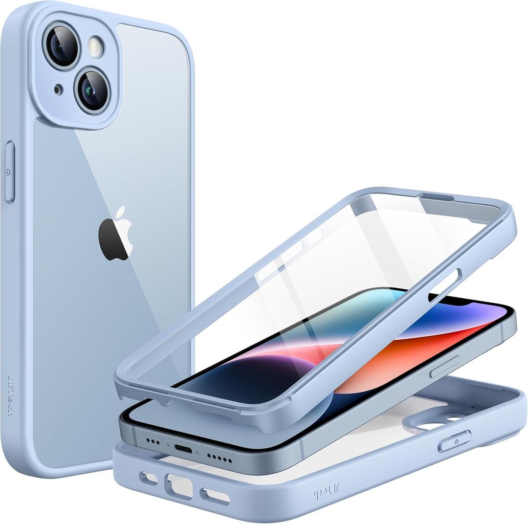 JETech Case for iPhone 14 6.1-Inch with Built-in Tempered Glass Screen Protector, Camera Full Cover All-Around Protection, Shockproof Bumper Phone Cover Clear Back, HD Film (Light Blue)